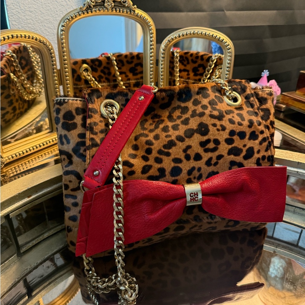 Carolina Herrera Brown and Red Shoulder Bag with Chain Strap